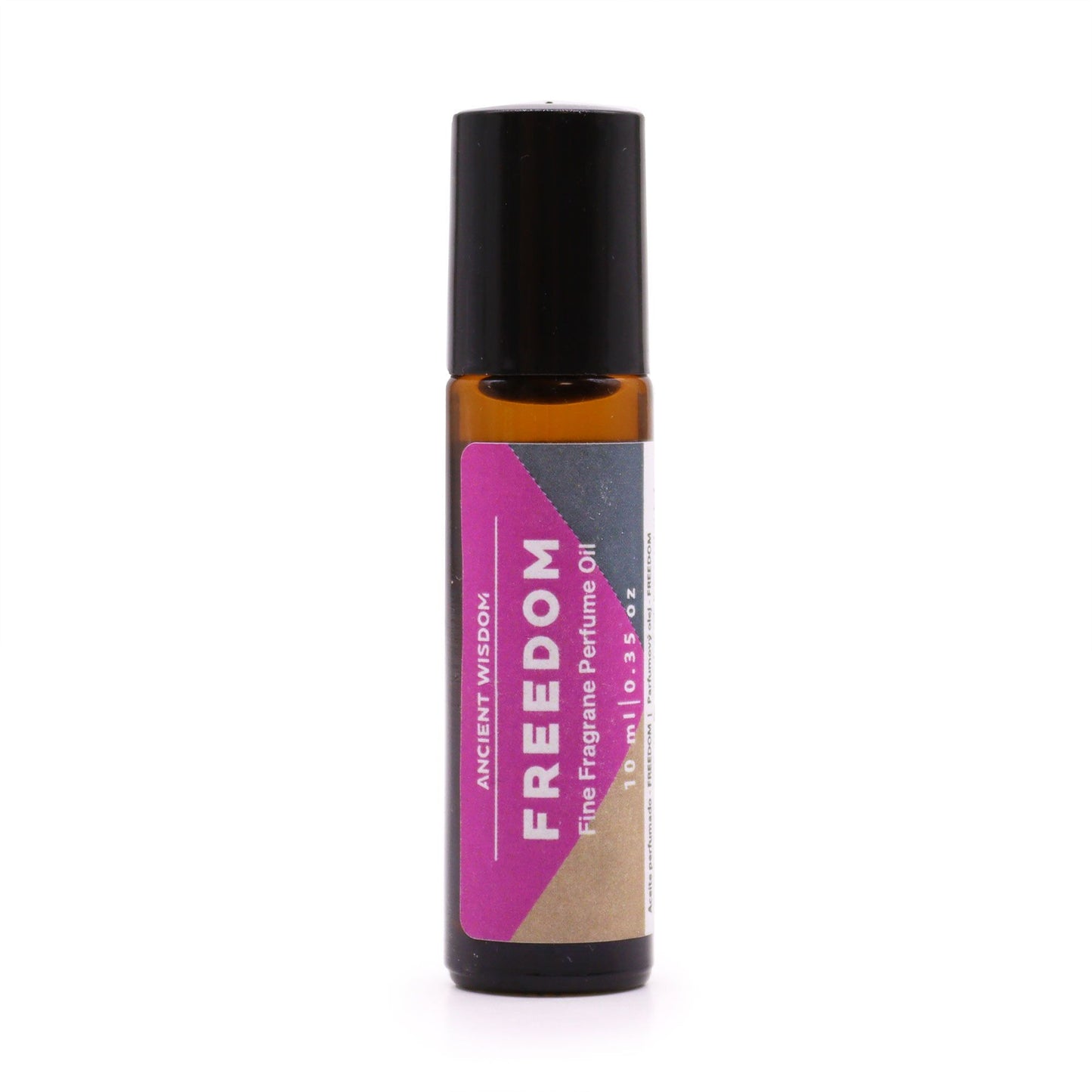 A 10ml glass rollerball perfume bottle with a vibrant pink and black luxury "Freedom" label.