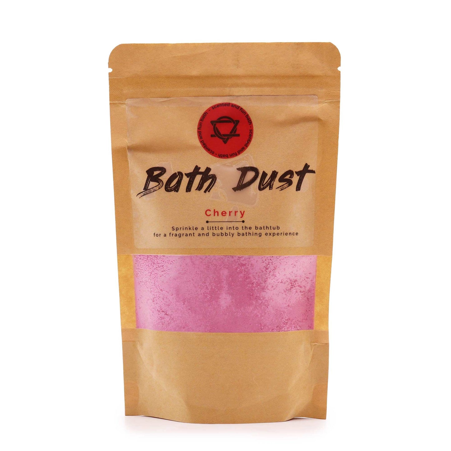 A stand-up kraft paper pouch containing bright pink-tinted aromatic bath powder with a vintage cherry illustration.