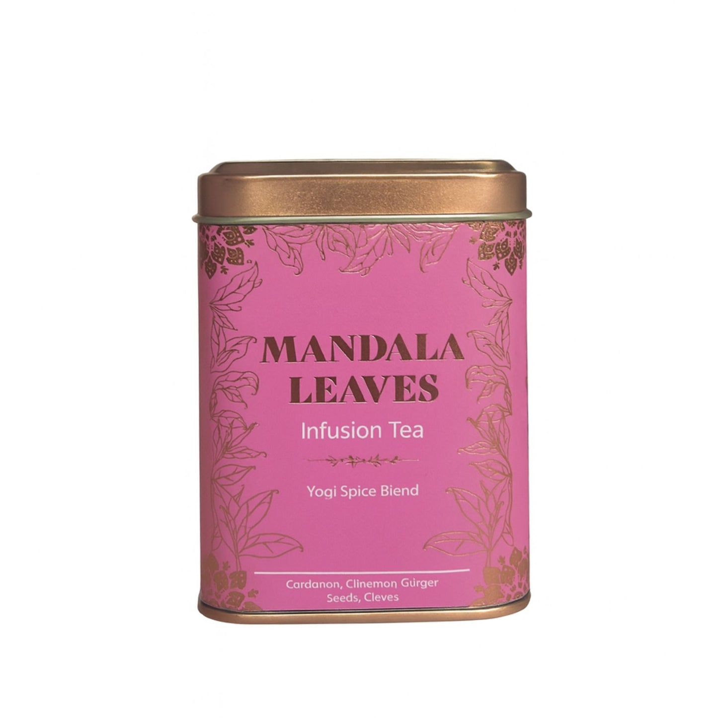 A small pink-labeled tea tin featuring a rich mixture of aromatic spices and caffeine-free herbal ingredients.