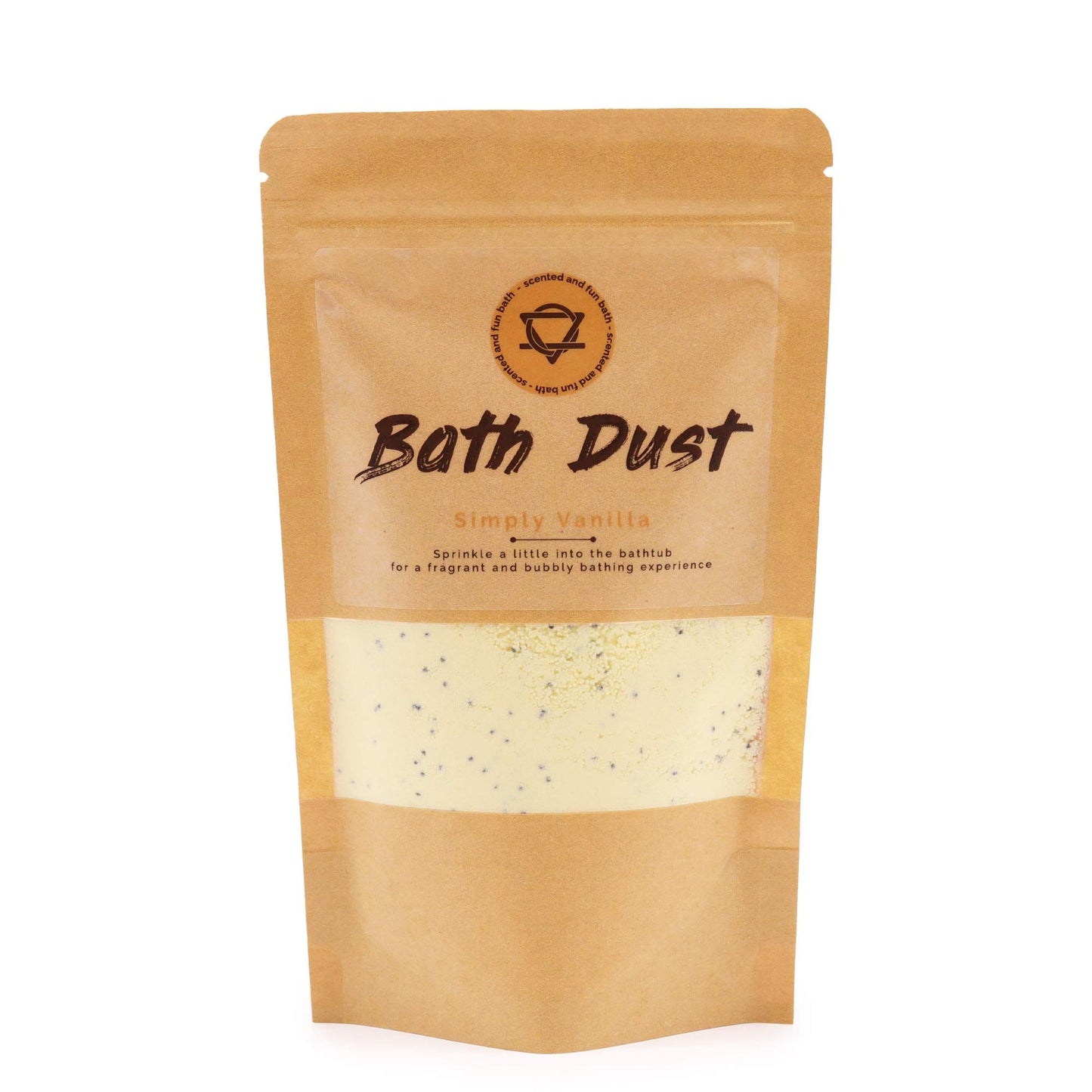 A 190g eco-friendly paper pouch filled with cream-colored fizzy bath dust scented with sweet vanilla.