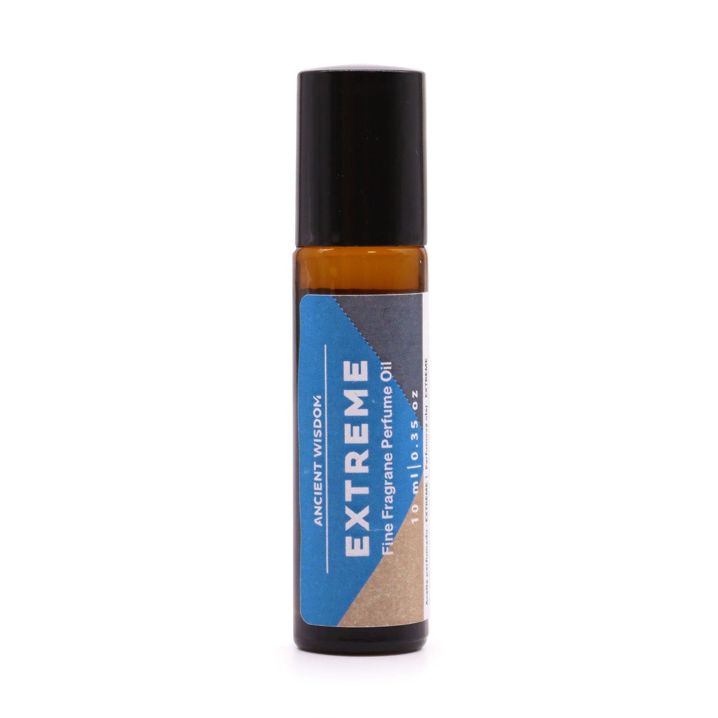 A slim 10ml glass rollerball bottle of perfume oil featuring a sleek blue and black label with a metallic cap.