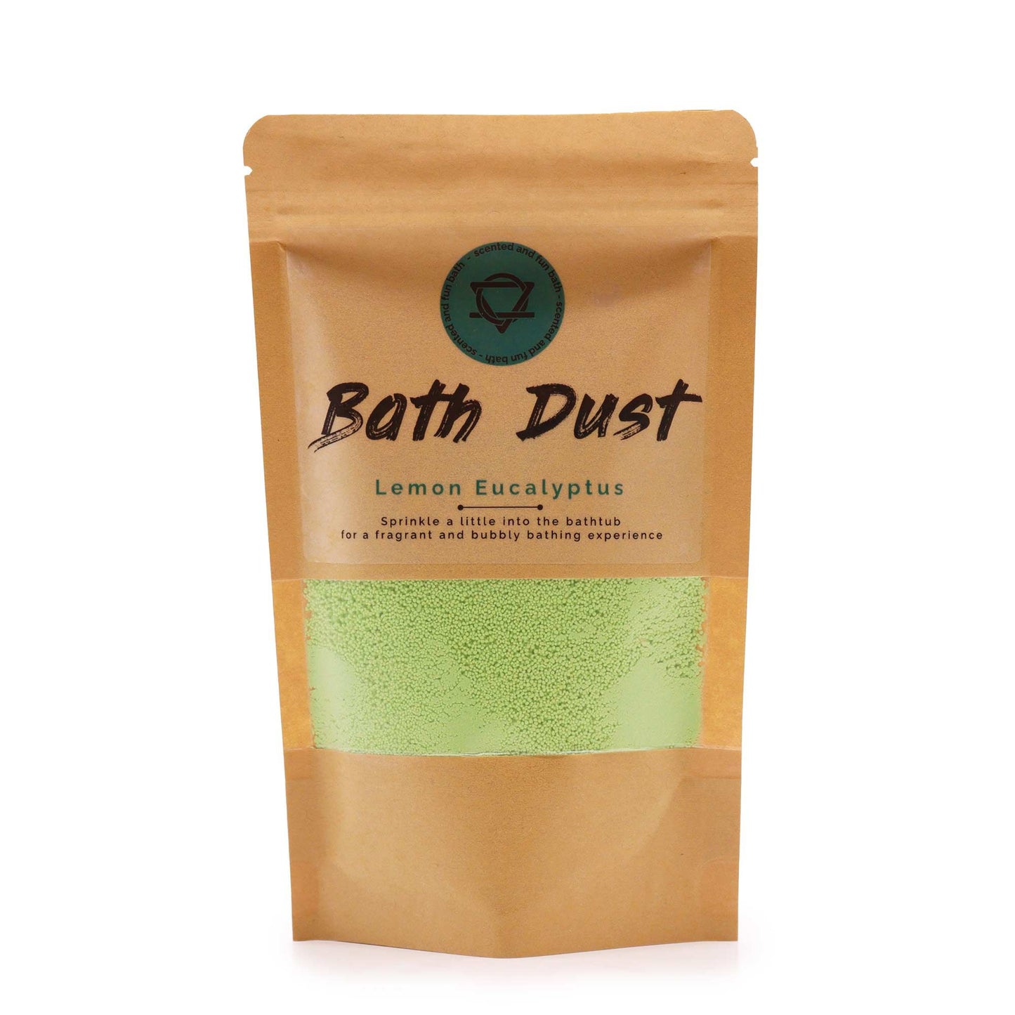 A 190g eco-friendly paper pouch of green and yellow fizzy bath dust with a zesty, medicinal lemon and eucalyptus scent.