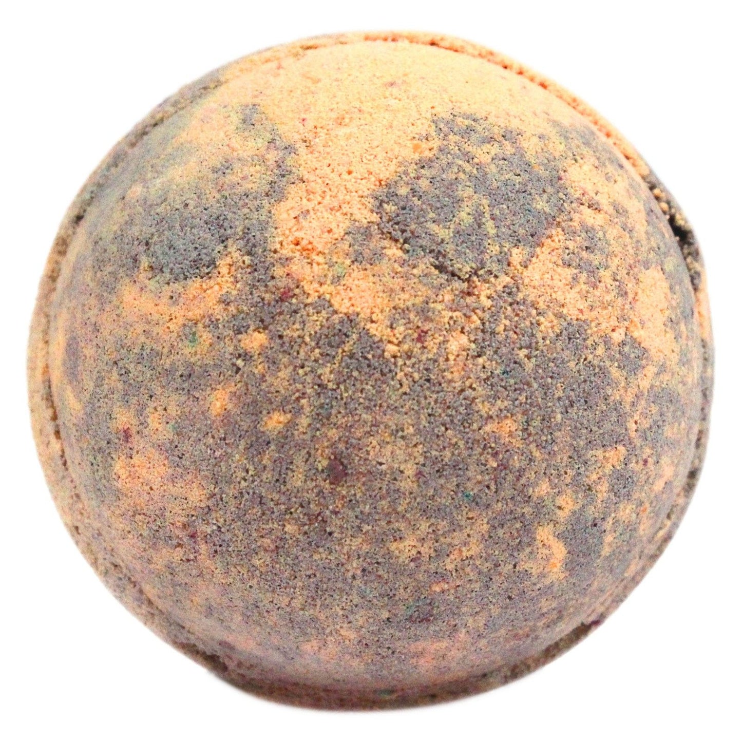 A large spherical bath bomb featuring a marbled brown and orange design, mimicking the look of a chocolate-orange truffle.