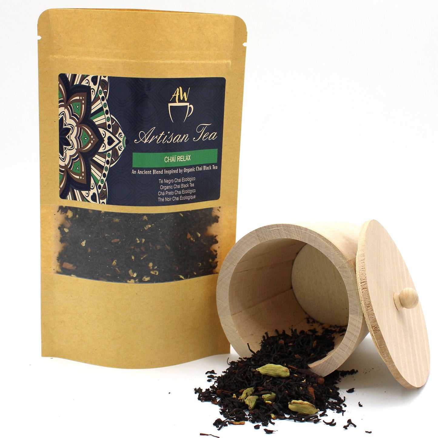 An eco-friendly cardboard tube containing organic black tea leaves blended with traditional whole chai spices like cardamom and ginger.
