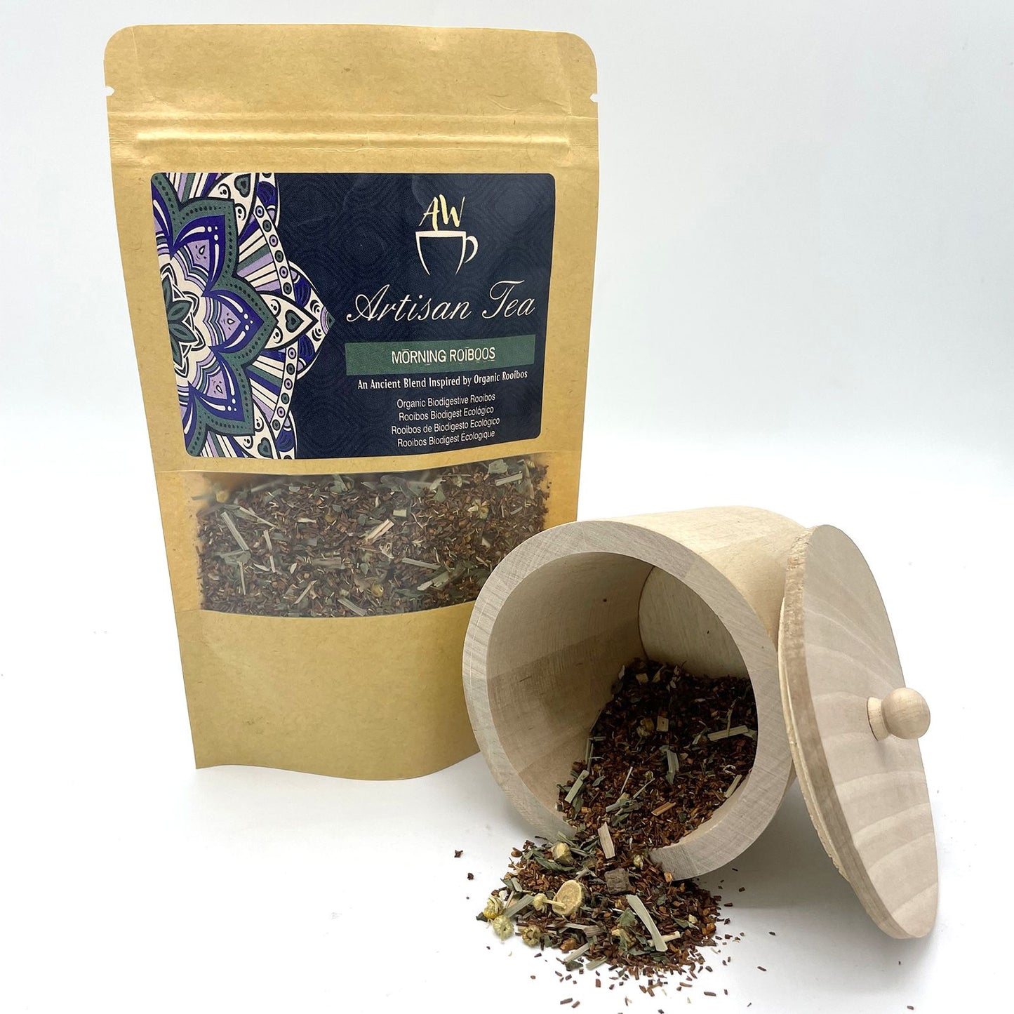 An eco-friendly kraft paper tea tube containing organic rooibos blended with digestive-supporting botanicals.
