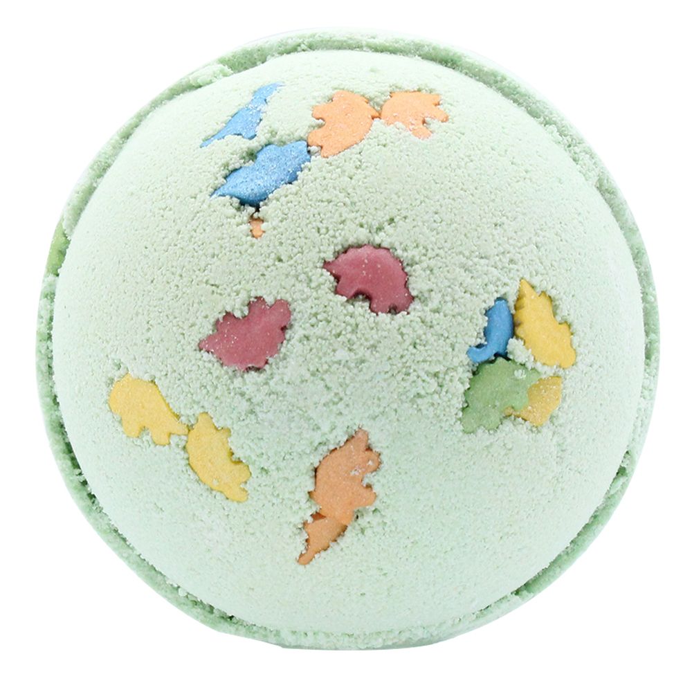 A light green spherical bath bomb decorated with colorful, candy-like dinosaur shapes for a fun and playful bath time.