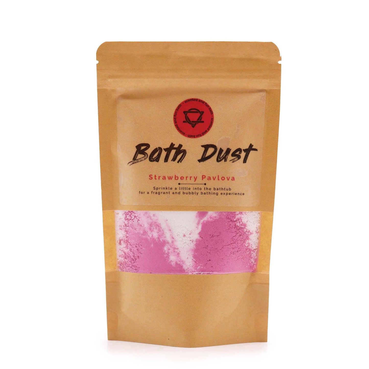A 190g eco-friendly pouch of pink and white fizzy bath dust inspired by the scent of a fresh strawberry pavlova.