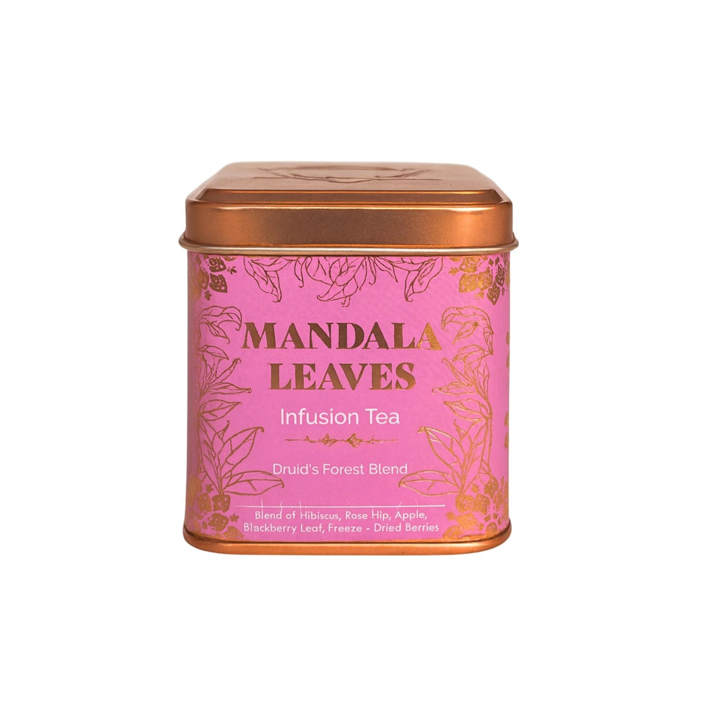 A small pink-labeled square tea tin containing a rustic, earthy blend of forest-inspired herbal loose leaf tea.