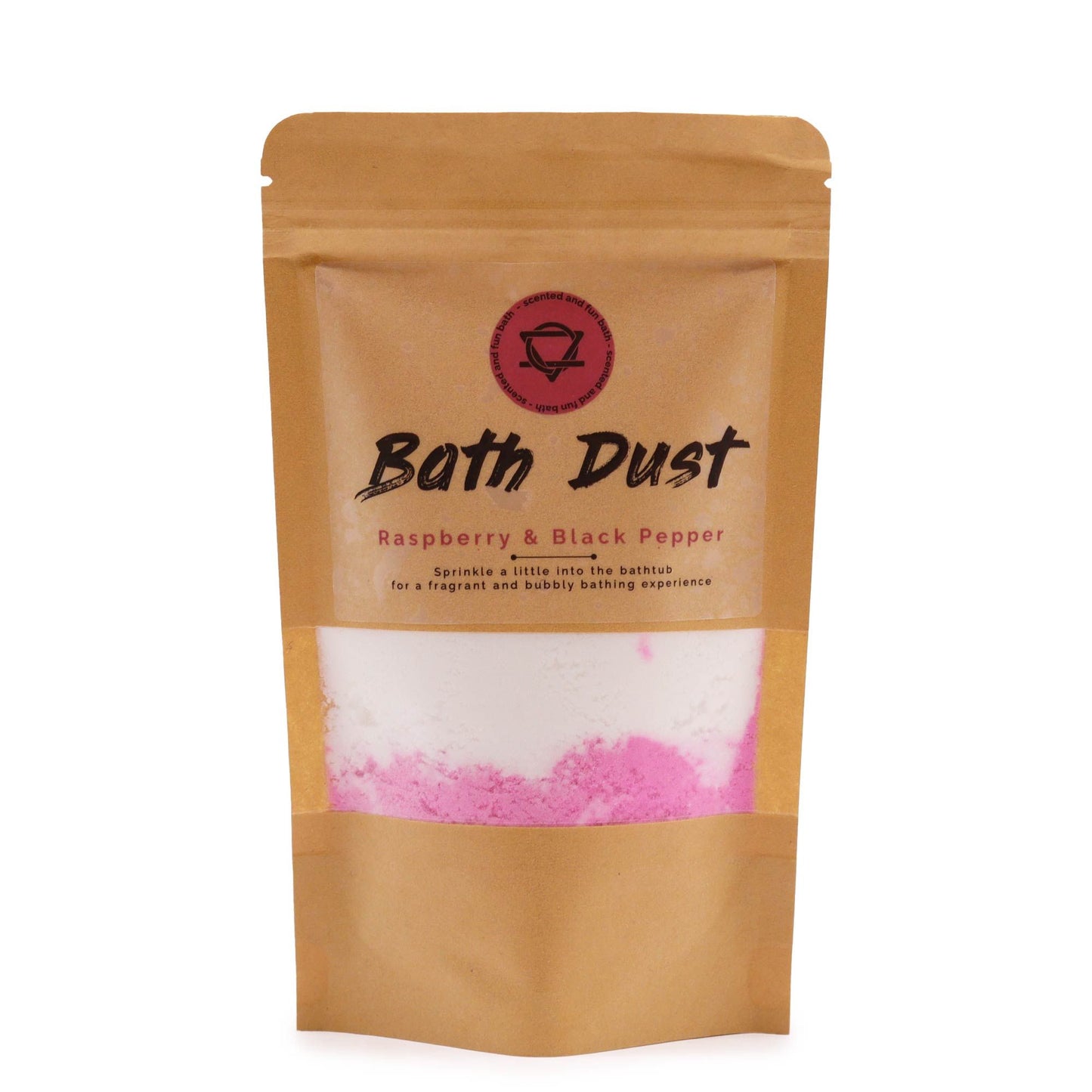 A 190g paper pouch of pink and white marbled bath dust featuring a raspberry and black pepper scent.