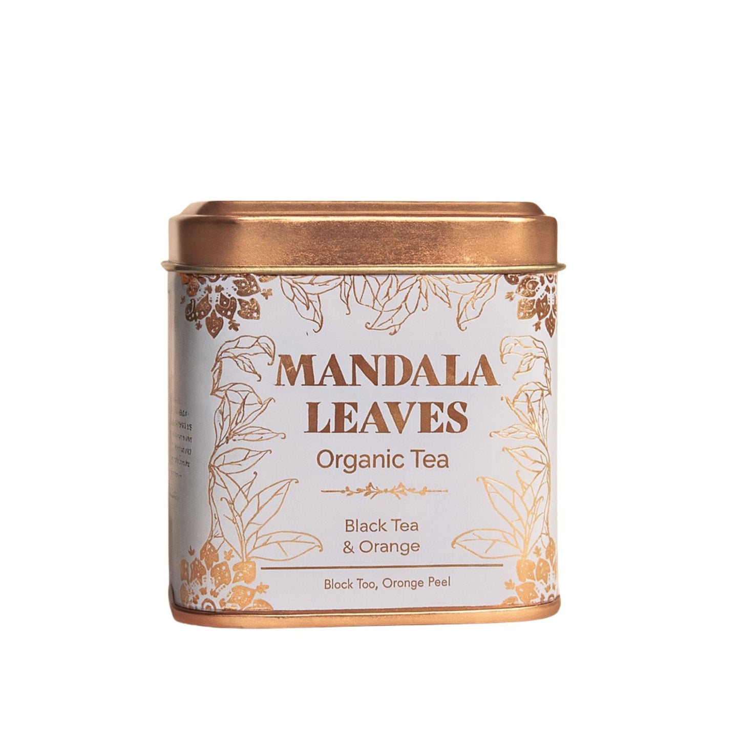 A small rectangular orange tea tin containing 50g of premium organic black tea blended with dried orange peel.