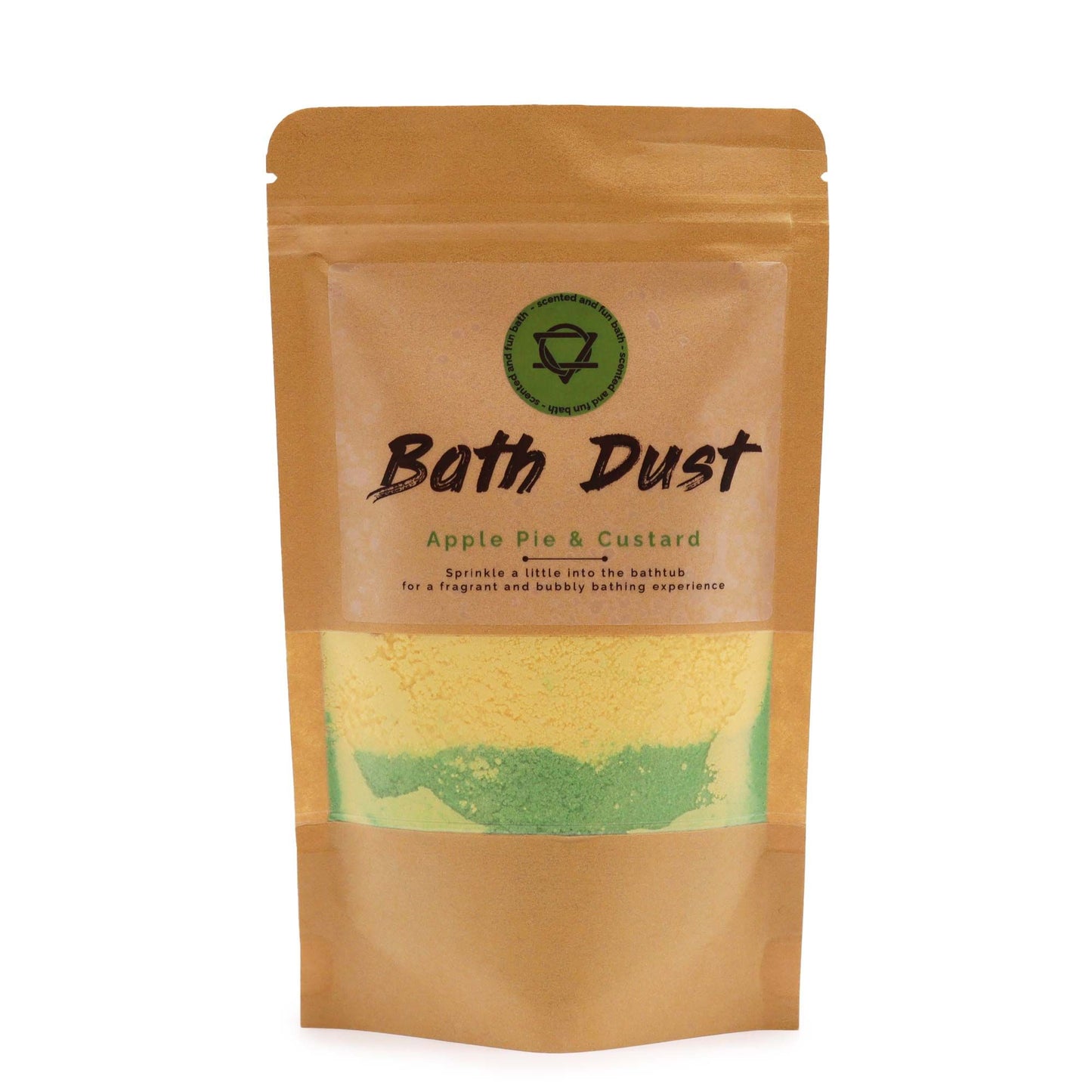 A kraft paper pouch containing aromatic, cream-colored bath fizzing dust with a nostalgic bakery-themed label.