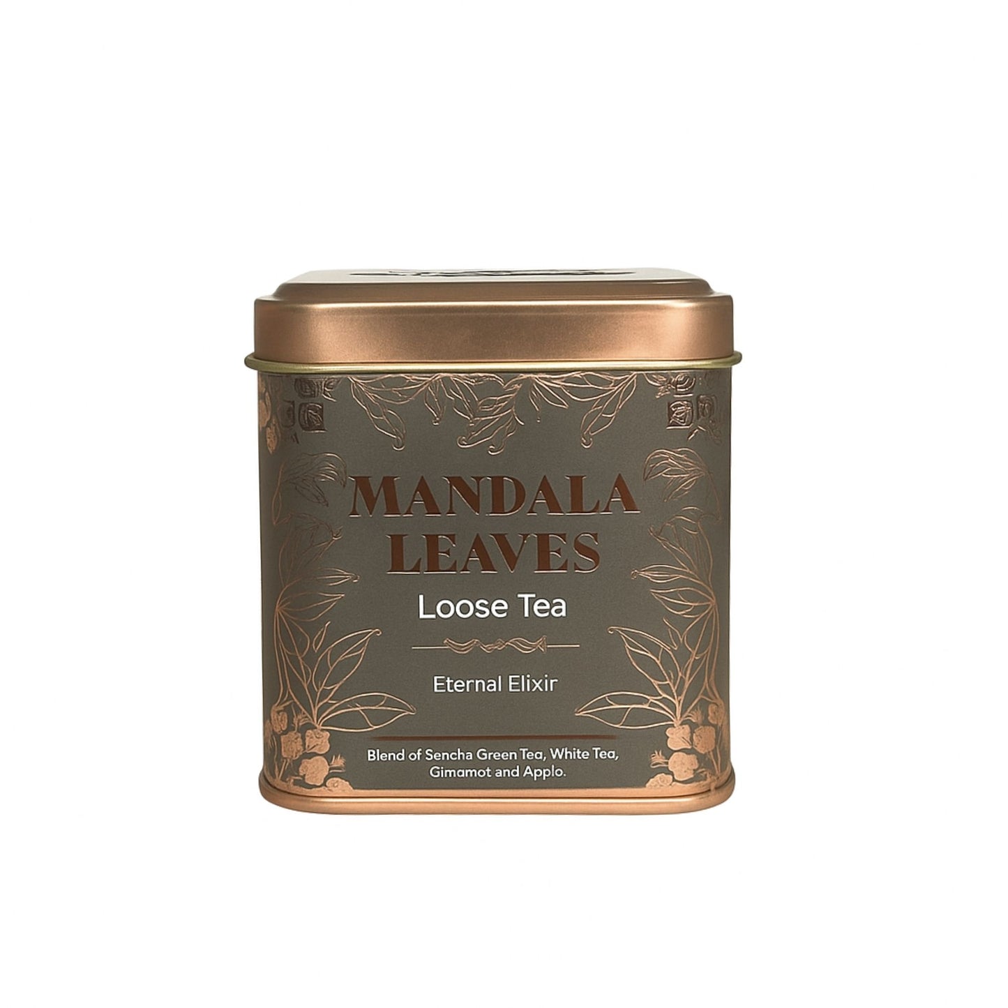 A small, rectangular bronze-toned tea tin with a minimalist label containing a high-end wellness herbal tea blend.