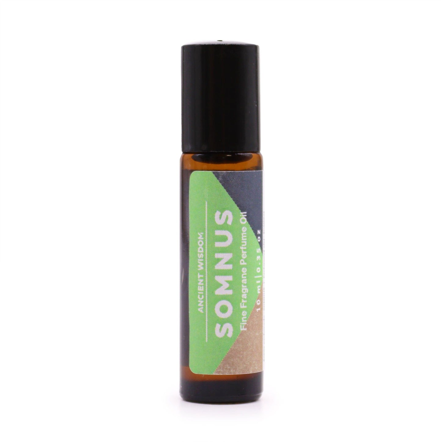 A 10ml glass rollerball bottle of Somnus perfume oil featuring a minimalist green and white label.
