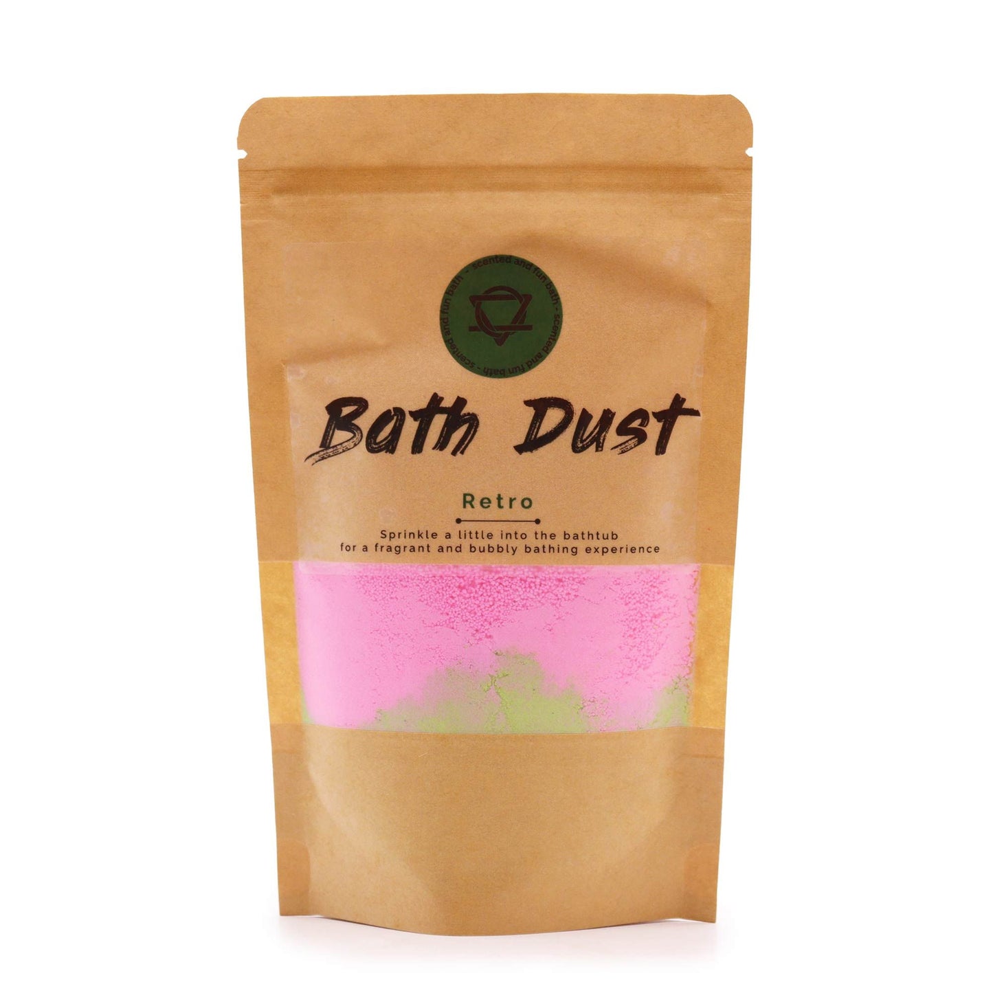 A 190g eco-friendly pouch of vibrant pink and yellow fizzy bath dust with a sweet and nostalgic retro fragrance.