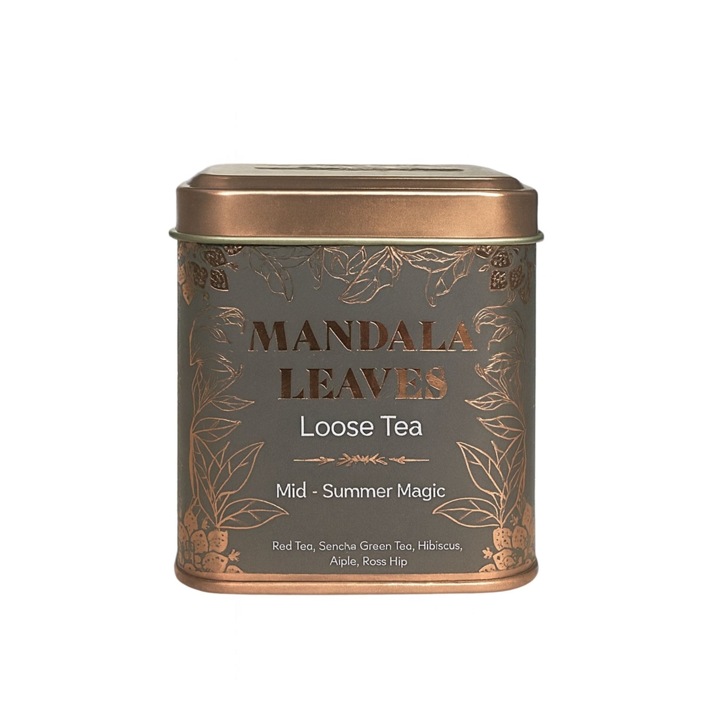 A small rectangular bronze-toned tea tin featuring the Mid-summer Magic label for premium herbal tea.