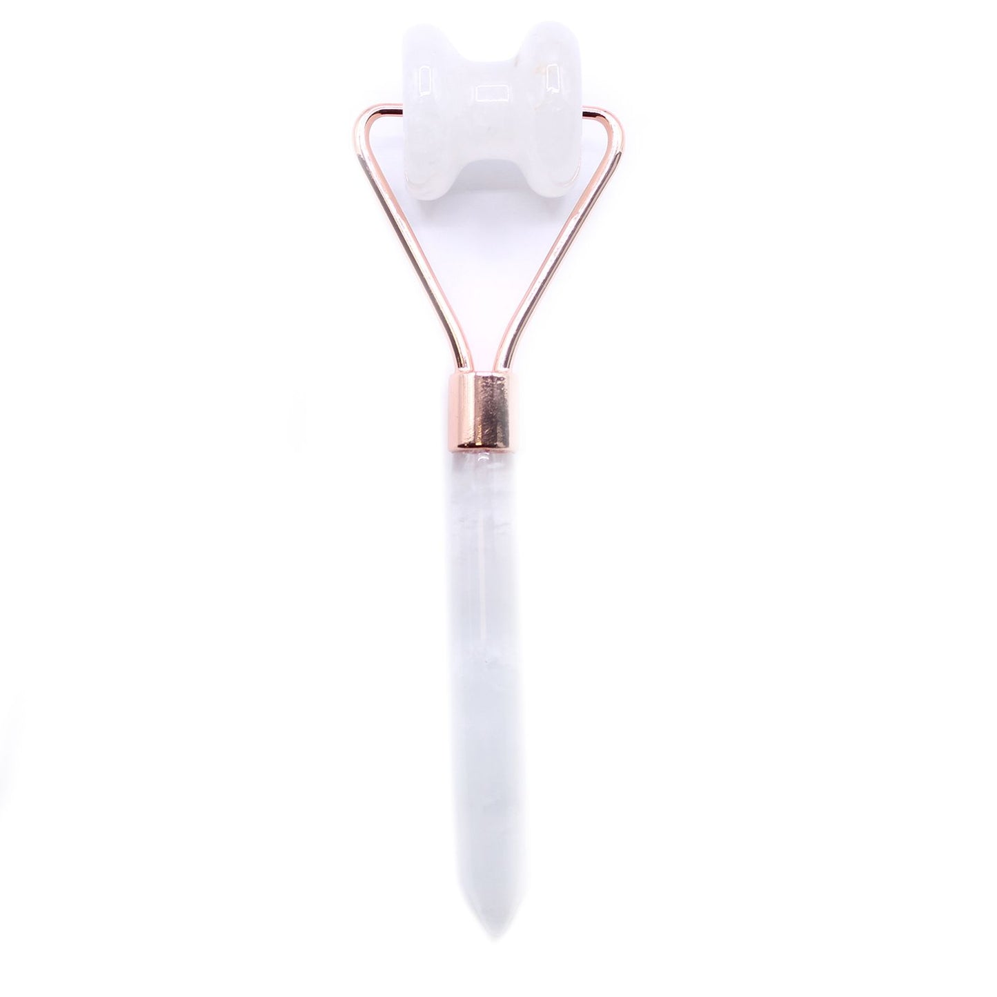 A luxury gemstone jawline roller made from clear rock quartz with a white handle for professional facial massage.