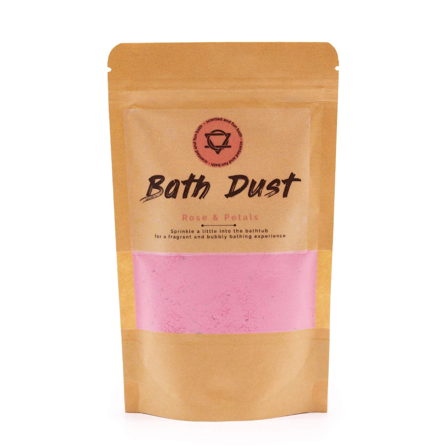 A 190g pouch of pink fizzy bath dust mixed with real dried botanical rose petals.