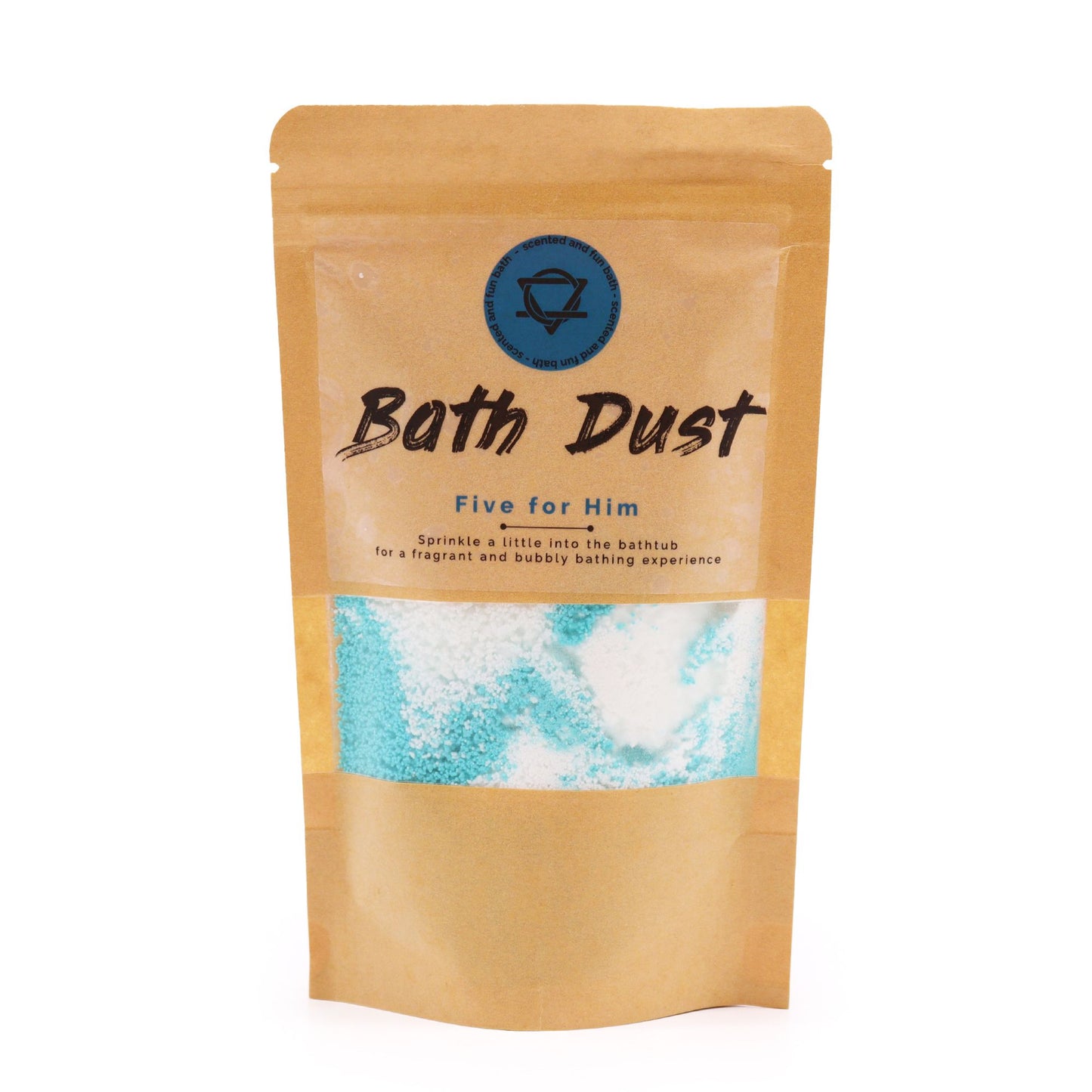 A stand-up kraft paper pouch containing aromatic blue-tinted bath fizzing dust for an invigorating masculine soak.