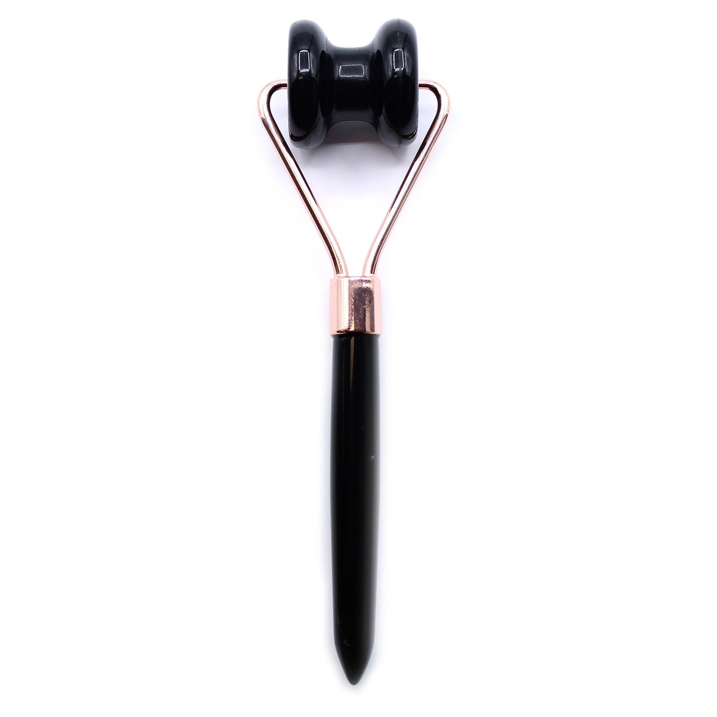 A sleek gemstone jawline roller crafted from authentic black obsidian with a professional black handle.