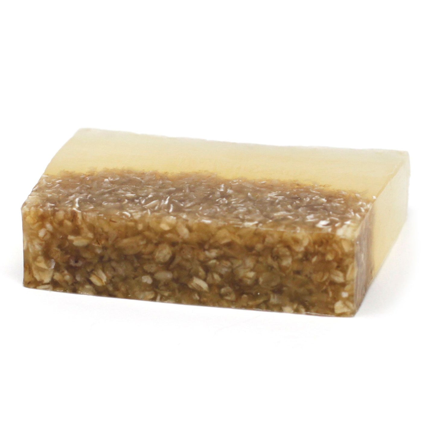 A 100g artisan soap slice featuring golden honey tones and visible natural oat inclusions for skin soothing.
