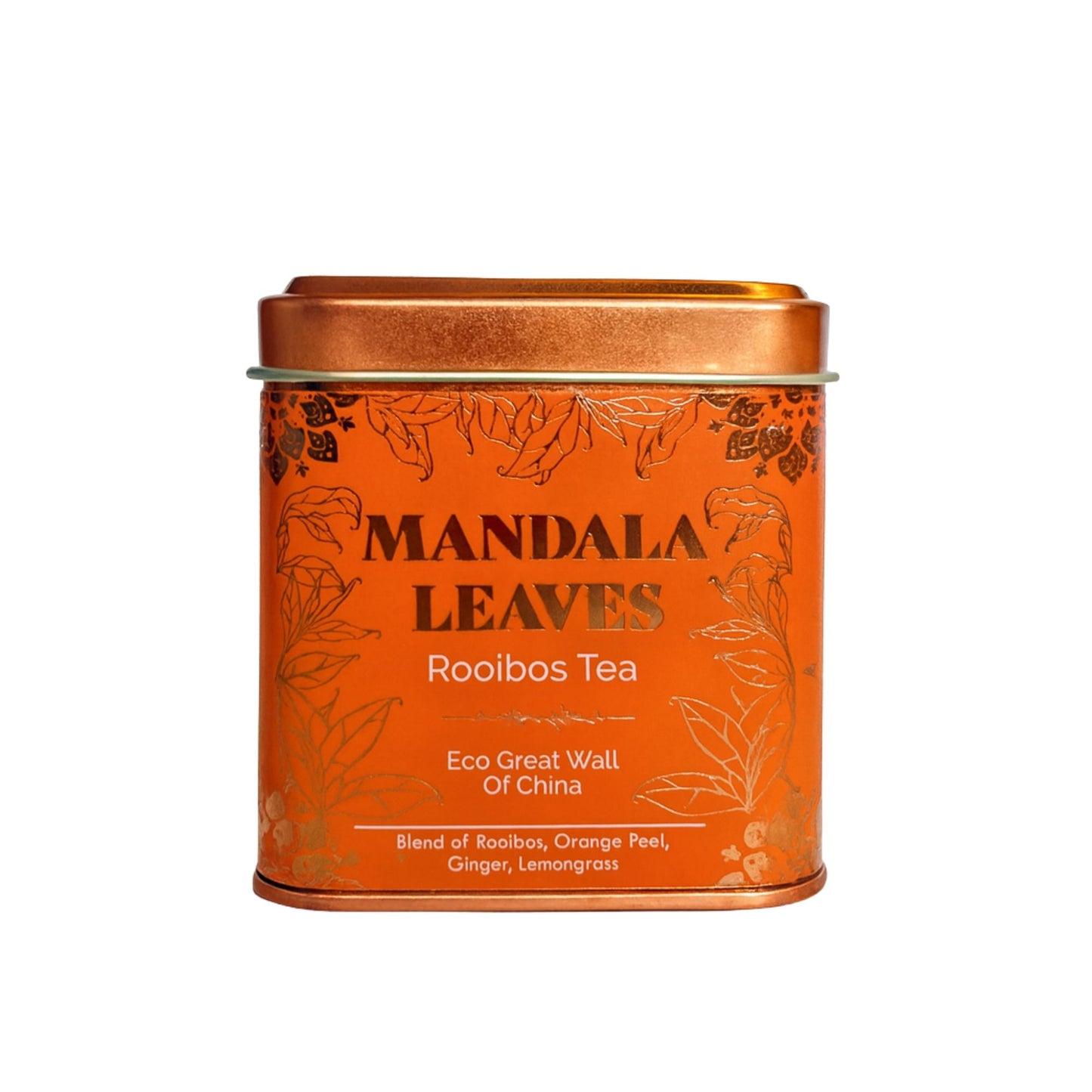A small orange-labeled tea tin featuring an exotic rooibos blend with visible dried fruit and floral petals.