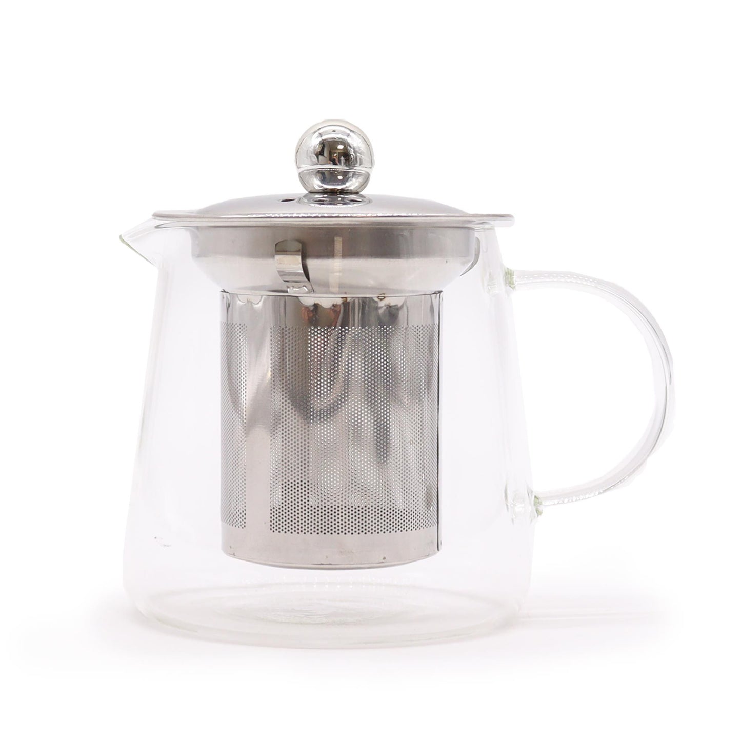 A compact, flask-shaped borosilicate glass teapot with a stainless steel infuser and clear handle.