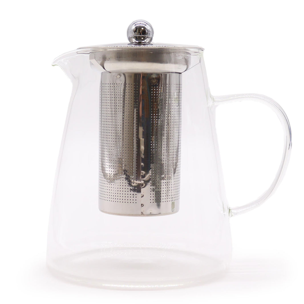 A tall, modern flask-shaped glass teapot with a stainless steel infuser and a black accent lid.