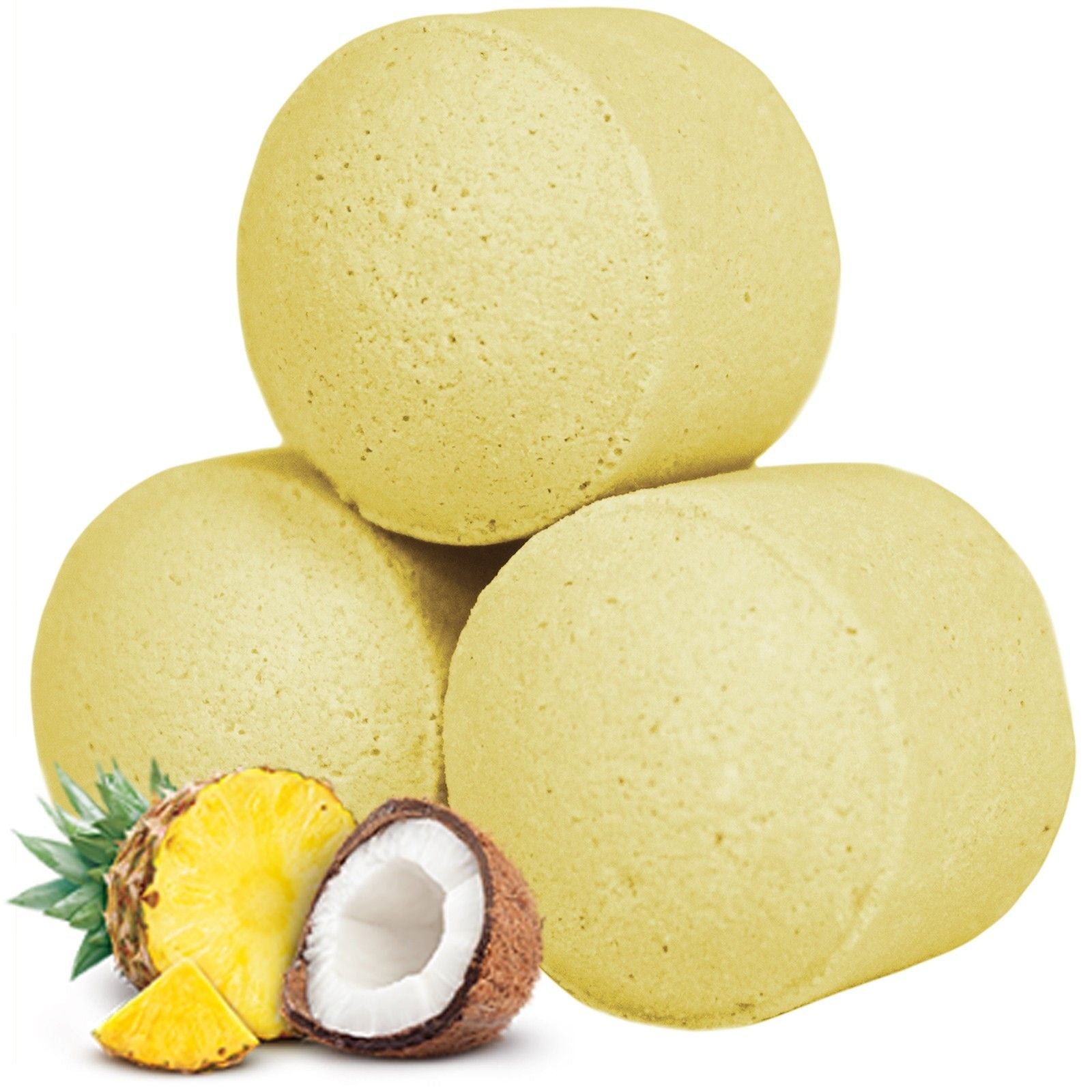 A large box containing numerous light yellow, coconut and pineapple scented mini bath bombs with a tropical theme.