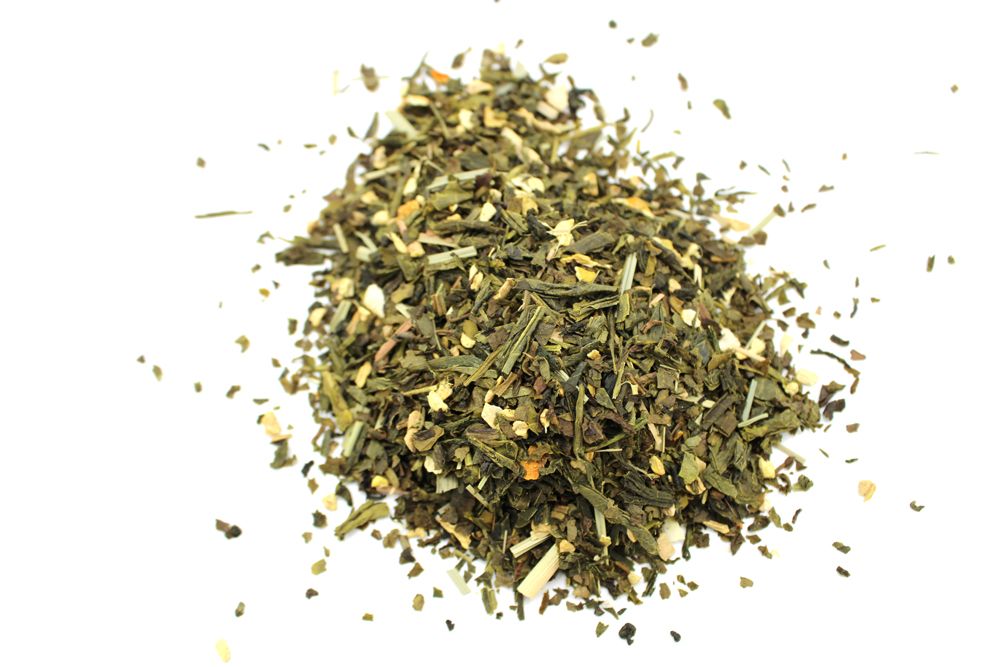 A 1kg bulk bag of organic green tea leaves blended with bright dried lemon peel and spicy ginger pieces.