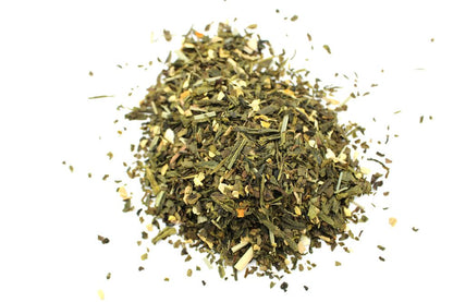 A 1kg bulk bag of organic green tea leaves blended with bright dried lemon peel and spicy ginger pieces.