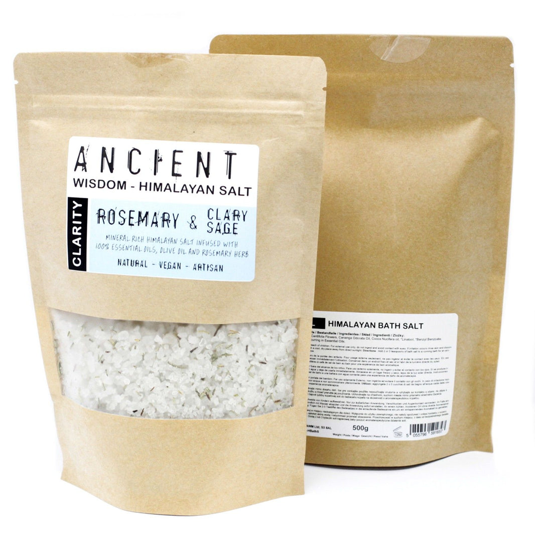 A 500g pouch of pink Himalayan bath salts featuring light-colored botanicals and a crisp, clearing essential oil aroma.