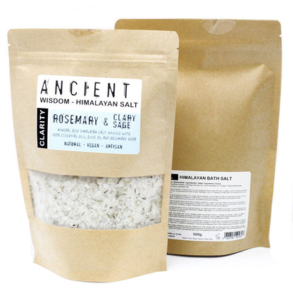 A 500g pouch of pink Himalayan bath salts featuring light-colored botanicals and a crisp, clearing essential oil aroma.