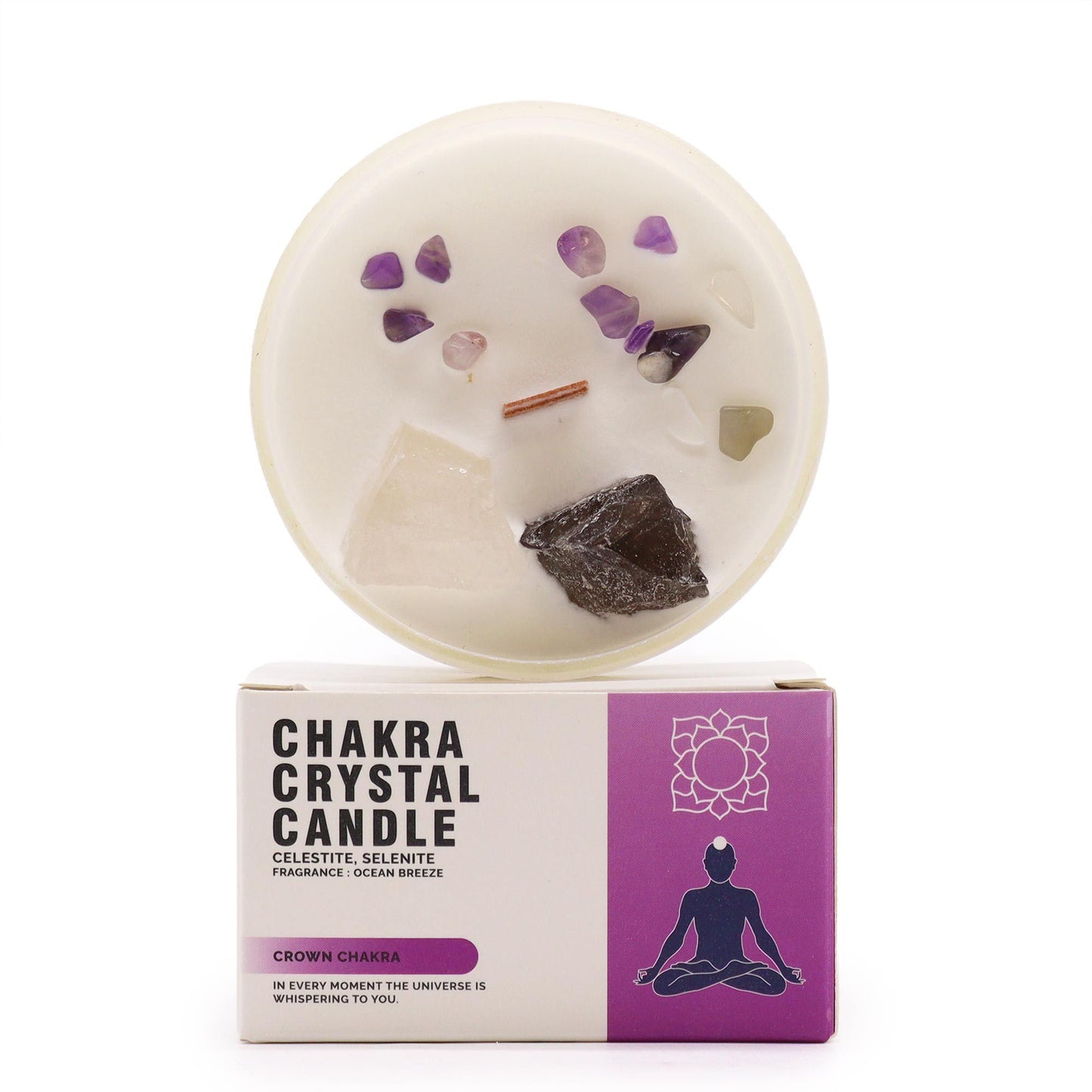 Crown Chakra crystal candle featuring purple amethyst gemstones and lavender botanicals on top of the white soy wax.