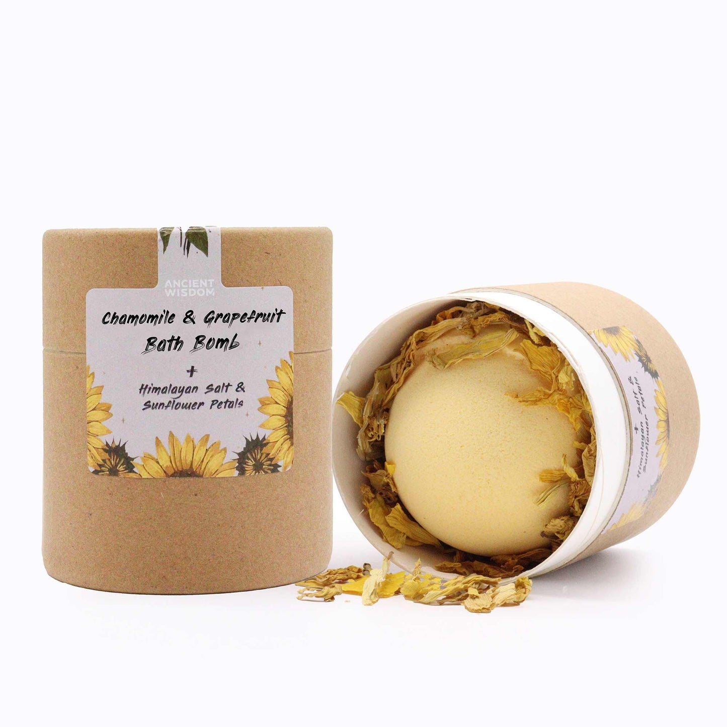 A 140g eco-friendly tube of Sunflower Serenity bath salts featuring bright yellow botanical elements and a natural fragrance.