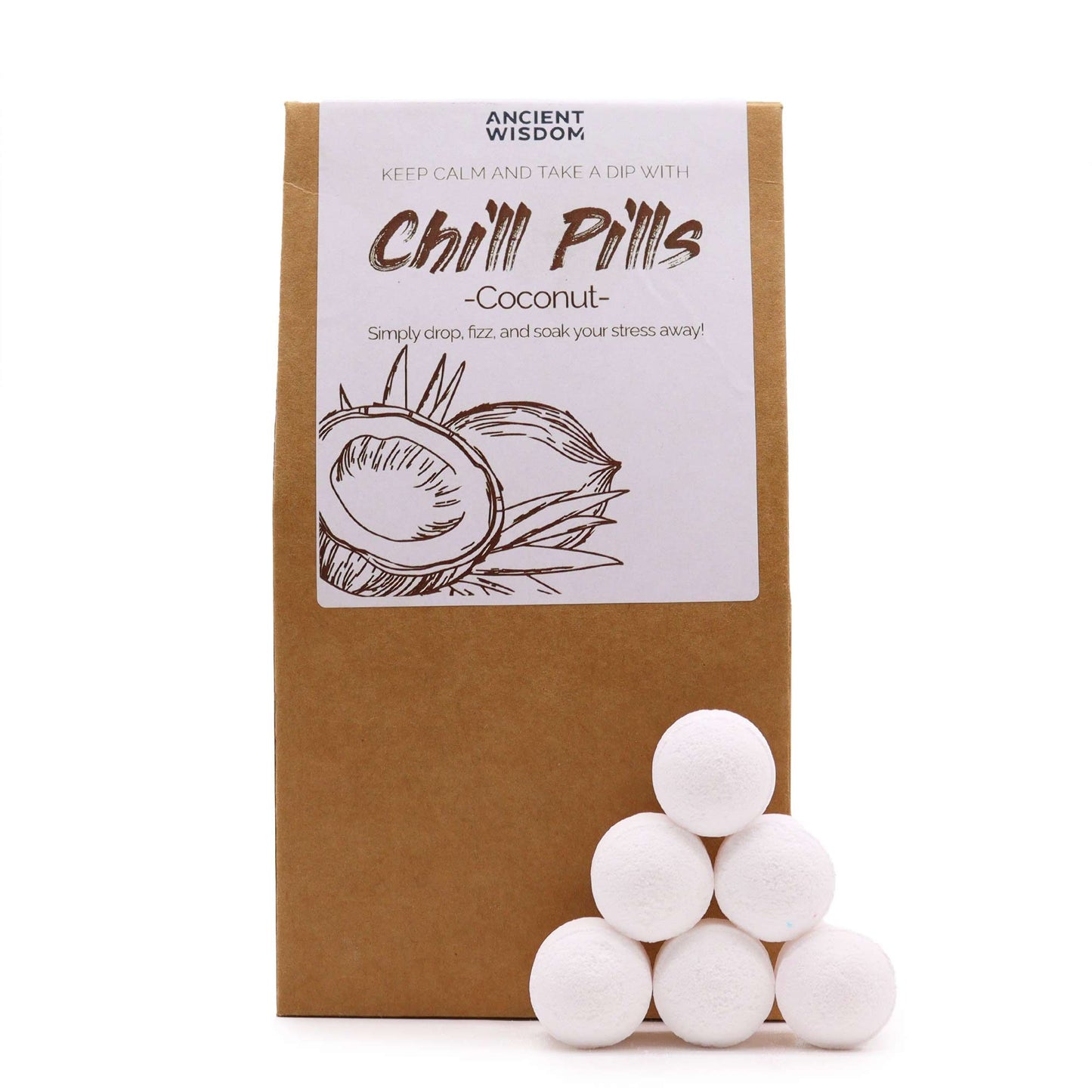 A kraft paper bag with a window showcasing small, round white bath fizzers labeled 'Chill Pills' with a retro illustration.