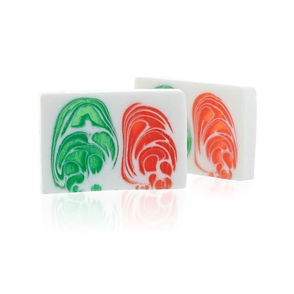 A 120g artisan soap slice with purple and white marbled swirls and a sweet grape fragrance.