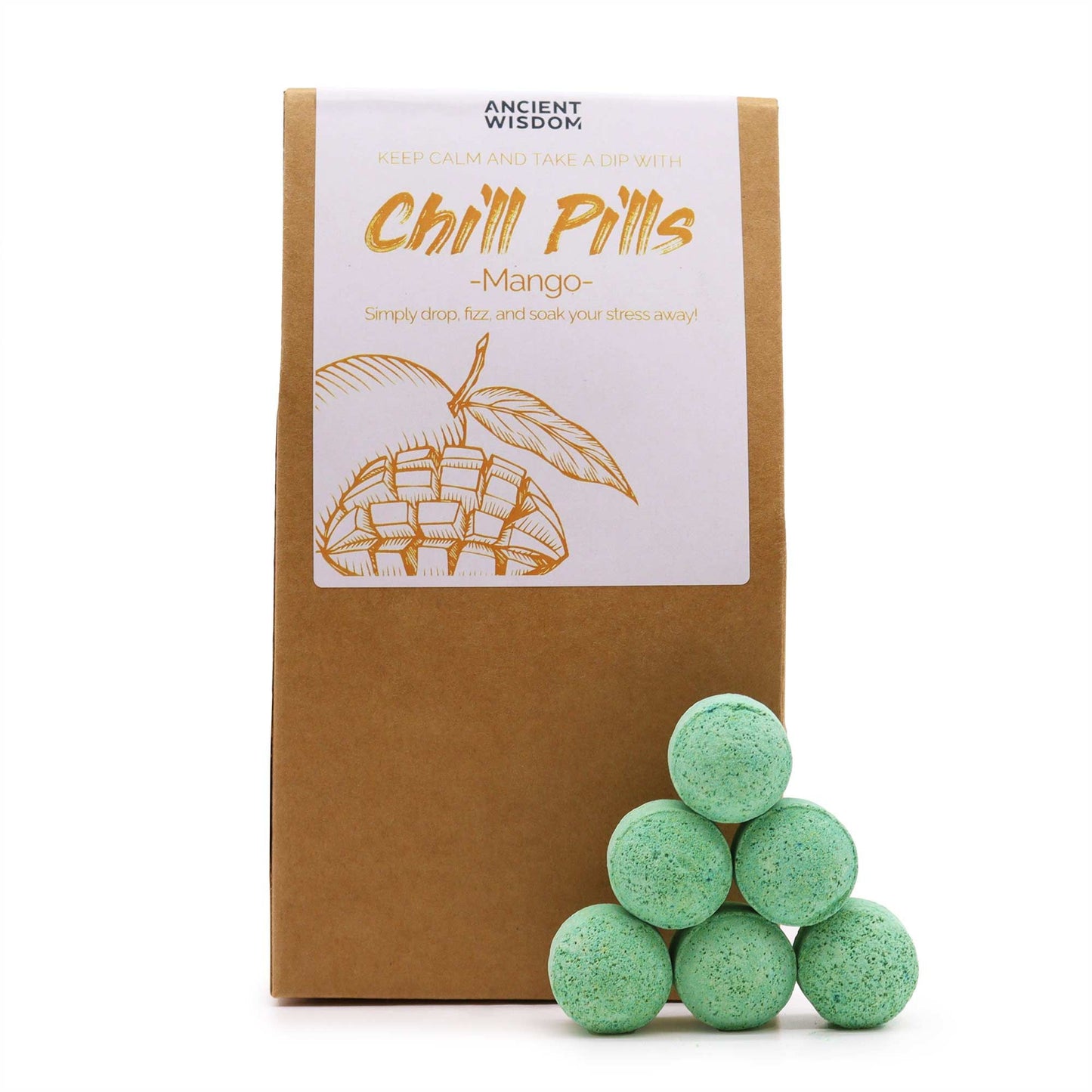 A rustic paper gift bag filled with small, light green mango-scented bath bomb spheres and a 'Chill Pills' label.