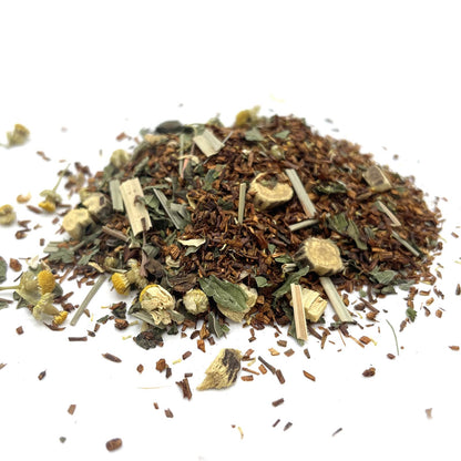 A large quantity of fine-cut red rooibos tea blended with wellness-focused seeds and digestive-supporting herbs.