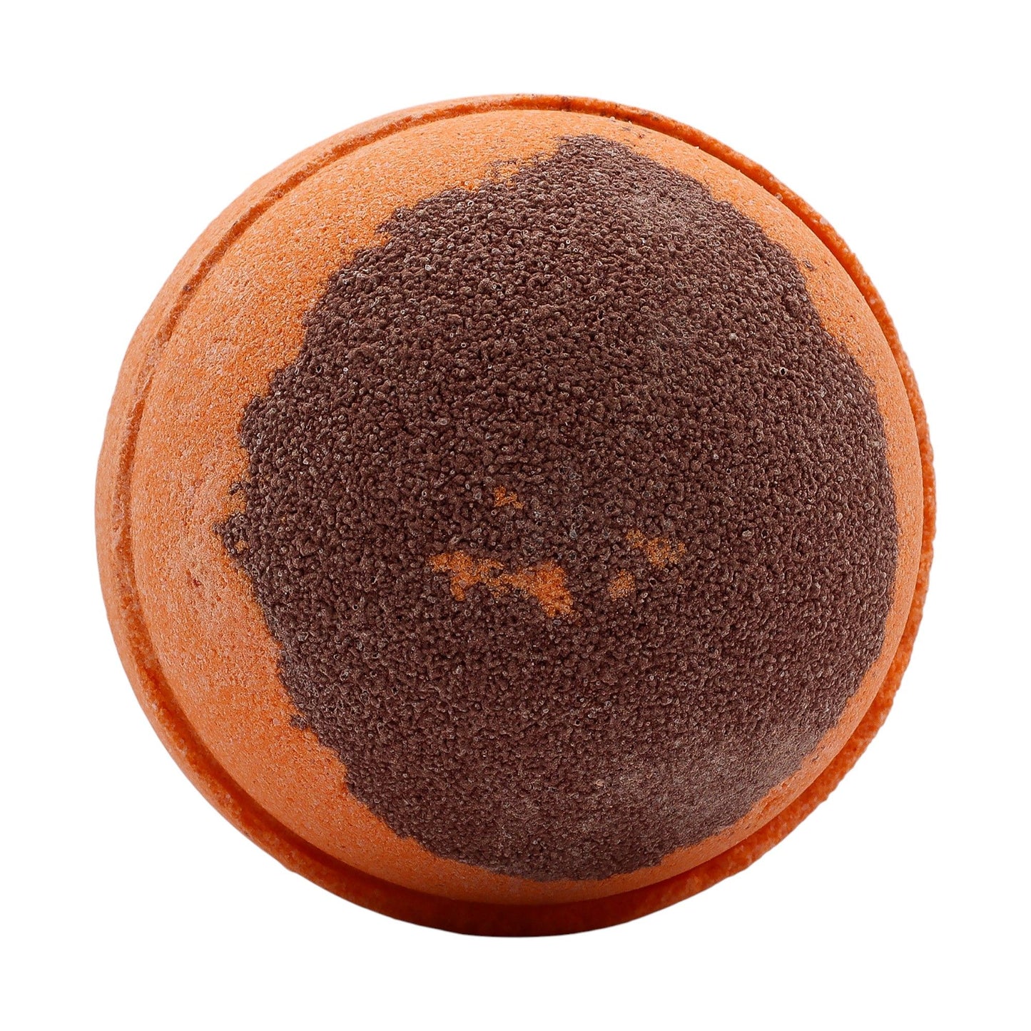 A large spherical bath bomb with a dual-tone brown and orange finish, showcasing a warm, spiced winter scent profile.