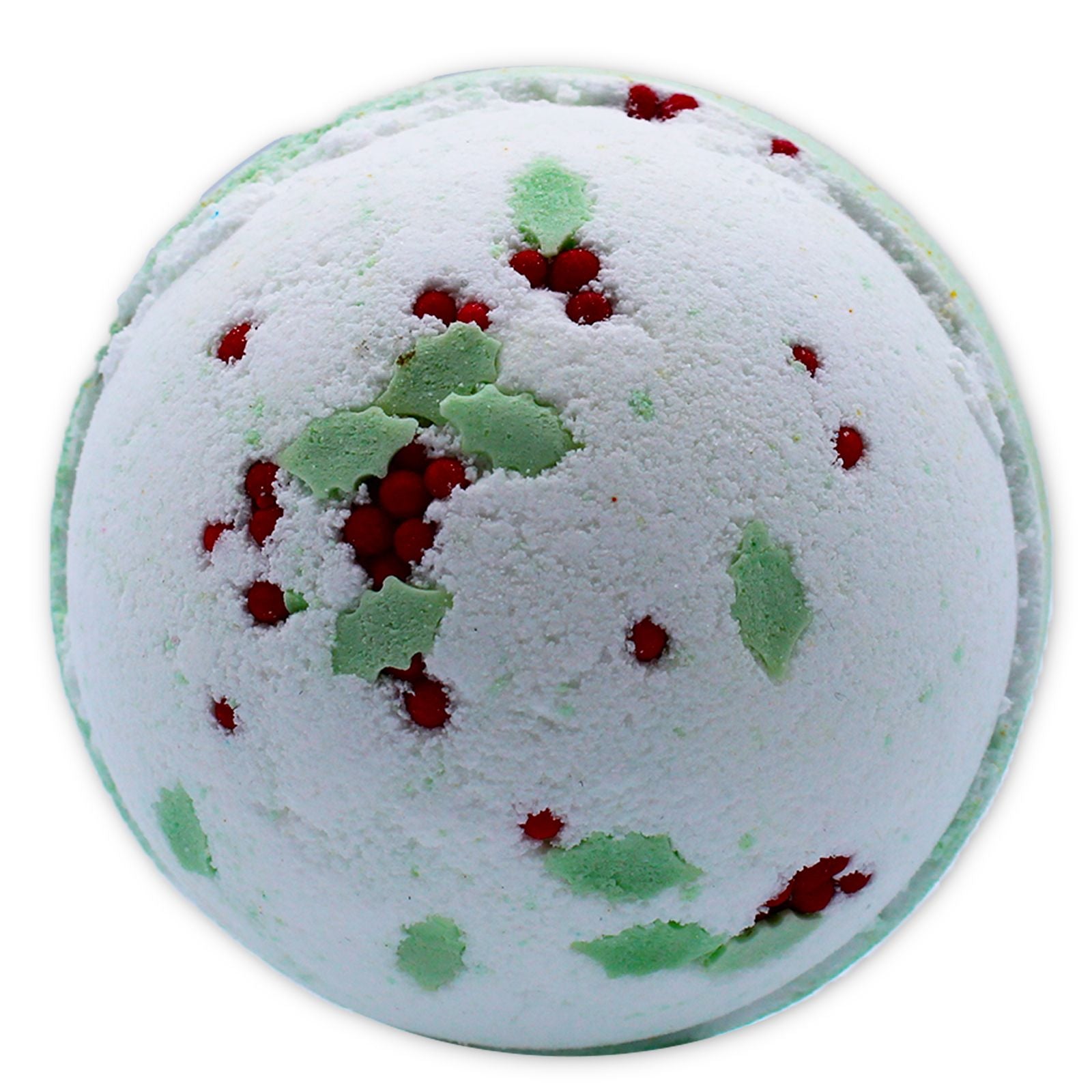A large white spherical bath bomb decorated with festive red and green speckles resembling holly berries and mistletoe leaves.