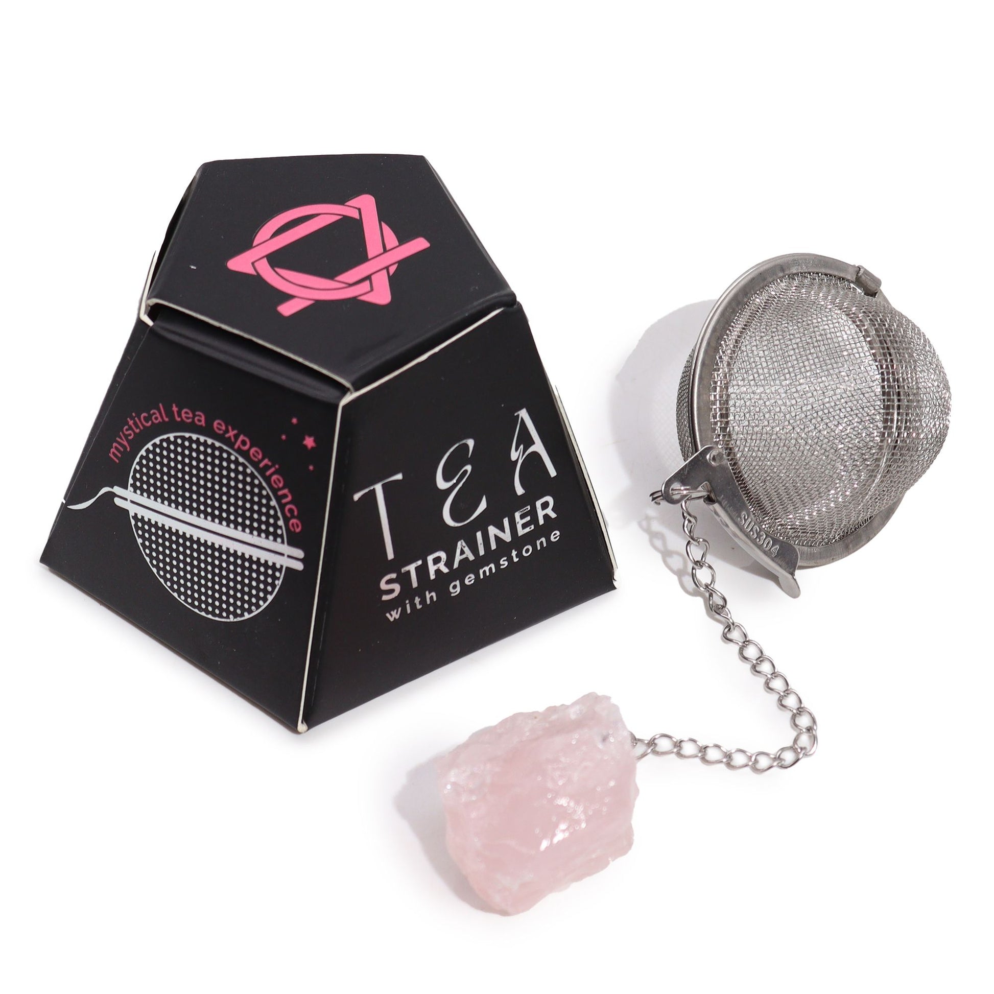 Silver stainless steel tea infuser ball on a chain with a raw pink Rose Quartz gemstone charm attached.