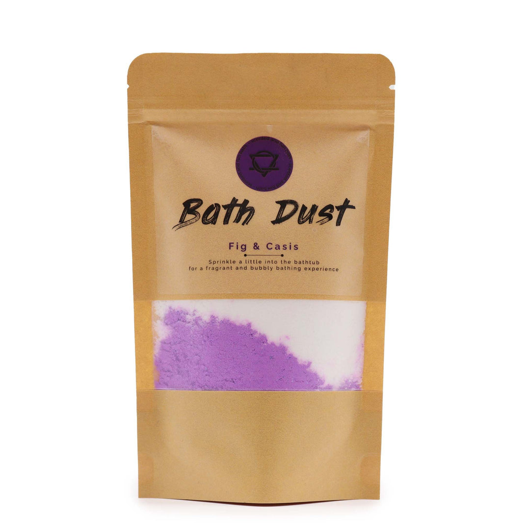A stand-up kraft paper pouch containing aromatic purple bath fizzing powder with a vintage-style botanical label.