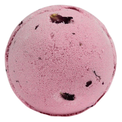 A large 180g pink round bath bomb decorated with real dried rose petals for a luxury floral and moisturizing bath.