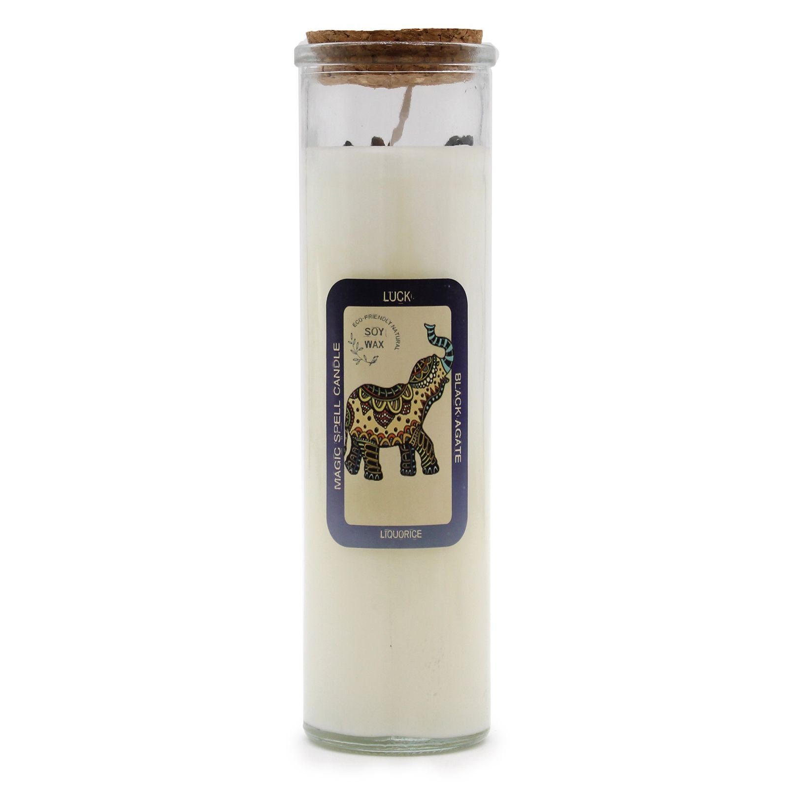 A white ritual pillar candle with a 'Luck' label featuring traditional mystical symbols for good fortune.