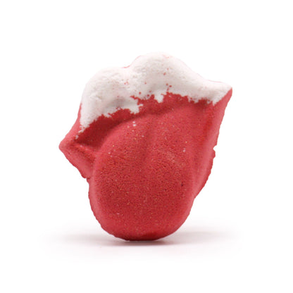 A 60g bright red bath bomb shaped like a pair of lips, scented with zesty raspberry and pomegranate.