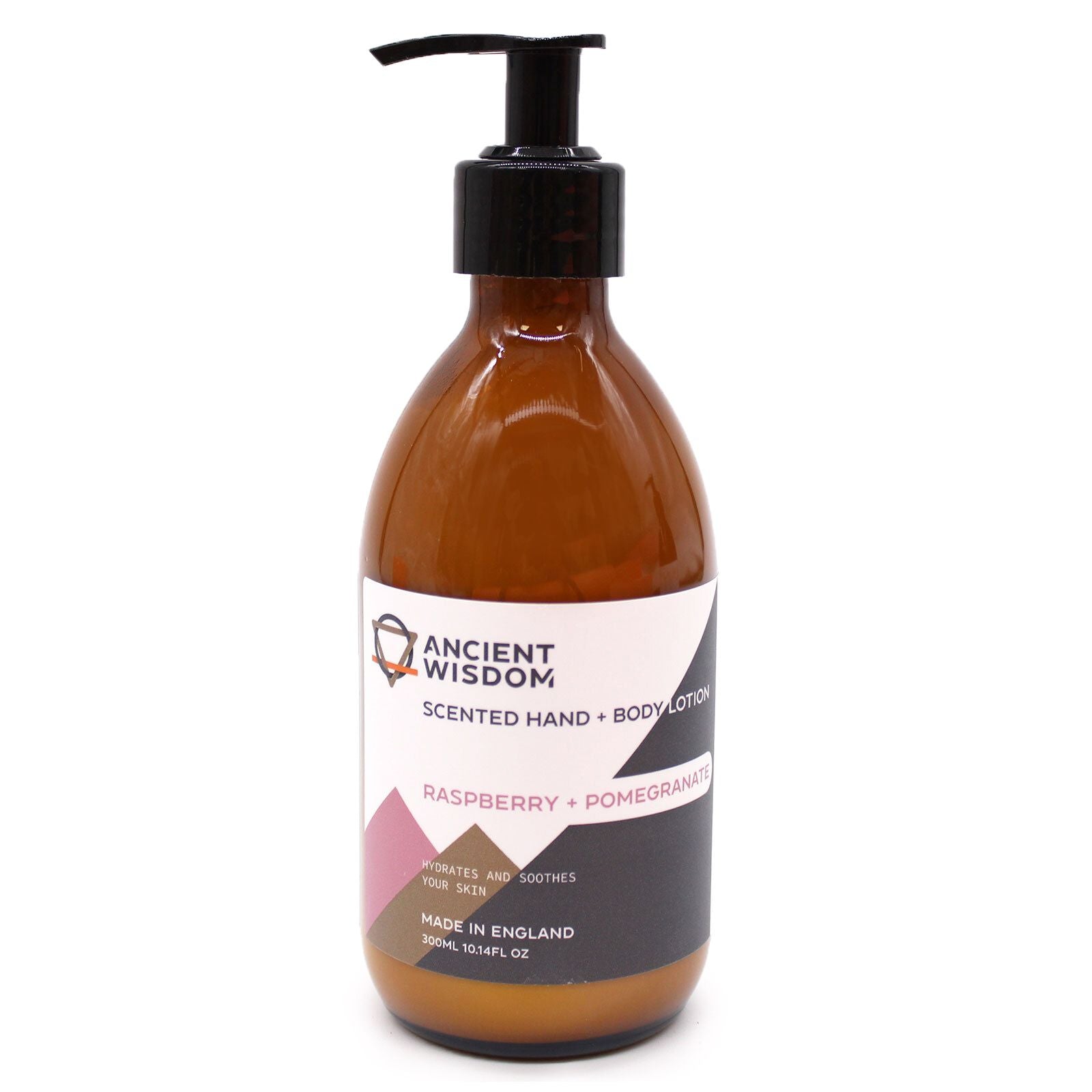 A 300ml amber pump bottle of Raspberry and Pomegranate body lotion with a minimalist apothecary label.