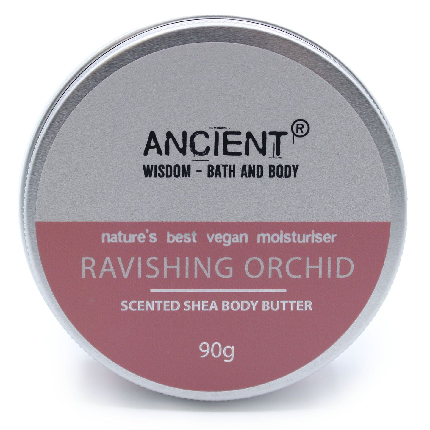 A 90g jar of mauve-toned shea body butter featuring an elegant orchid fragrance and a luxury minimalist label.
