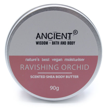 A 90g jar of mauve-toned shea body butter featuring an elegant orchid fragrance and a luxury minimalist label.