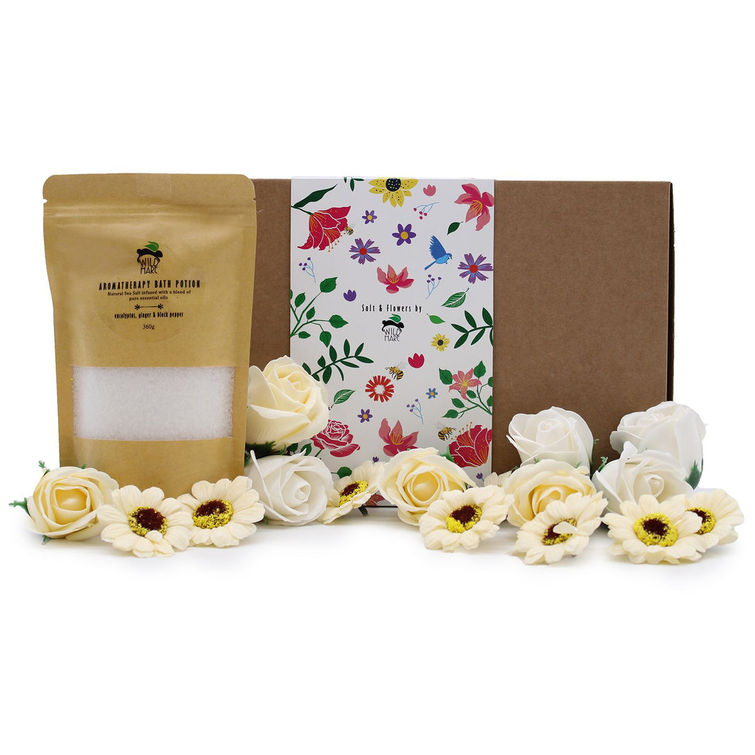 A therapeutic bath gift set featuring Wild Hare salt and dried flowers formulated for cold and flu aromatherapy relief.