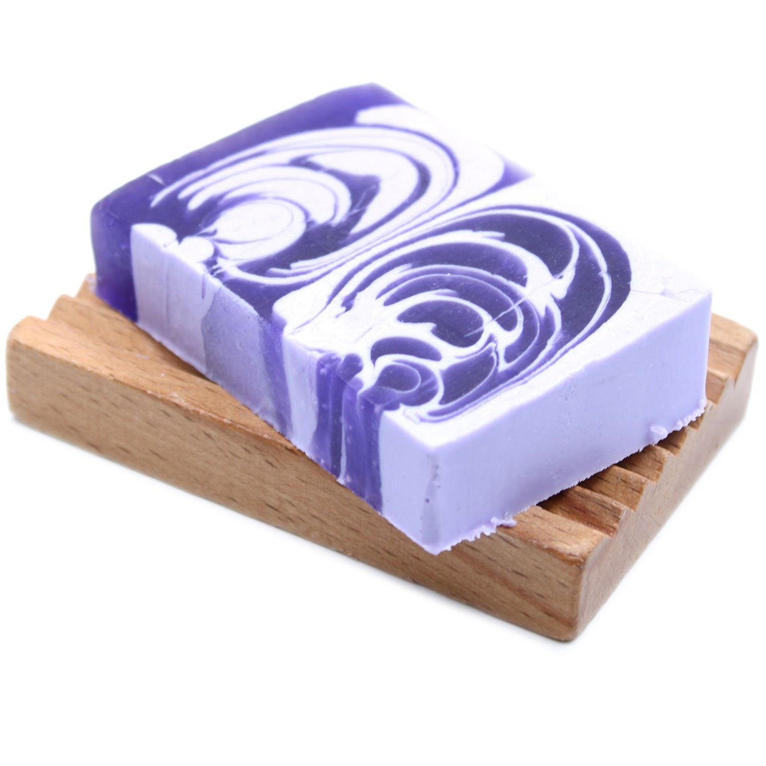 A 115g handcrafted lilac soap slice with purple marbled designs and a delicate spring floral scent.